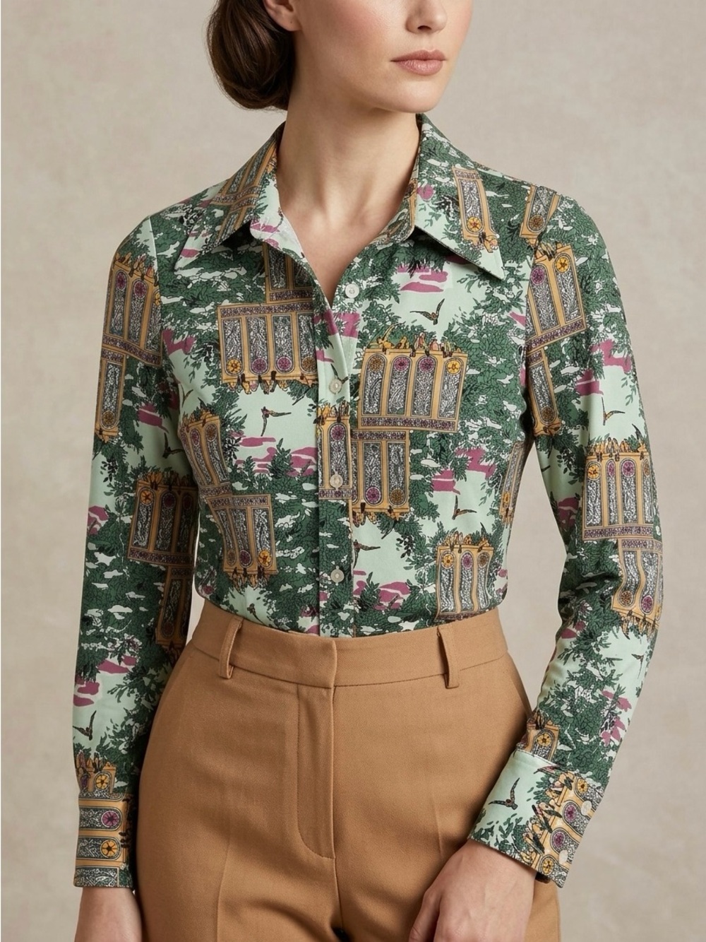 Vtg 70s Ship ’n Shore Bird & Garden Print Dagger Collar Button Up Shirt - M Poly
